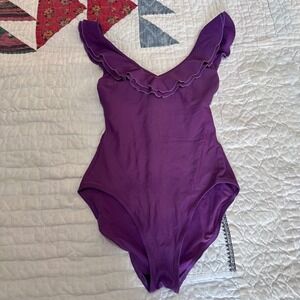 Lisa Curran One Piece Swimsuit Purple Ruffle V-Neck Size 8